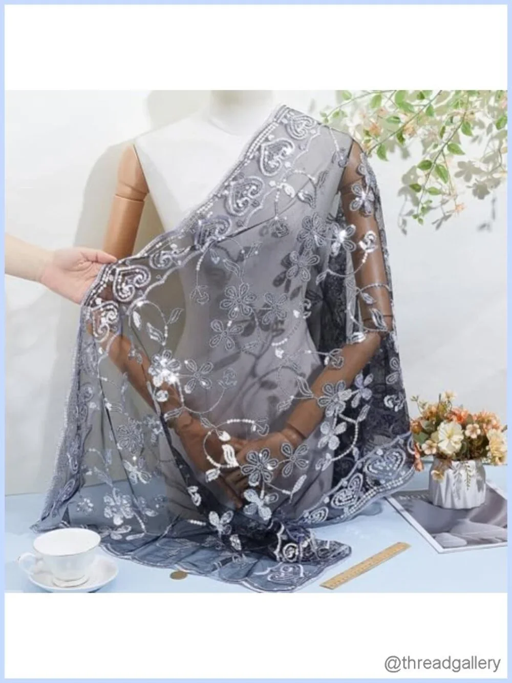 Sequin Gauze Shawl Wrap for Evening Dresses with Floral Pattern, Lightweight